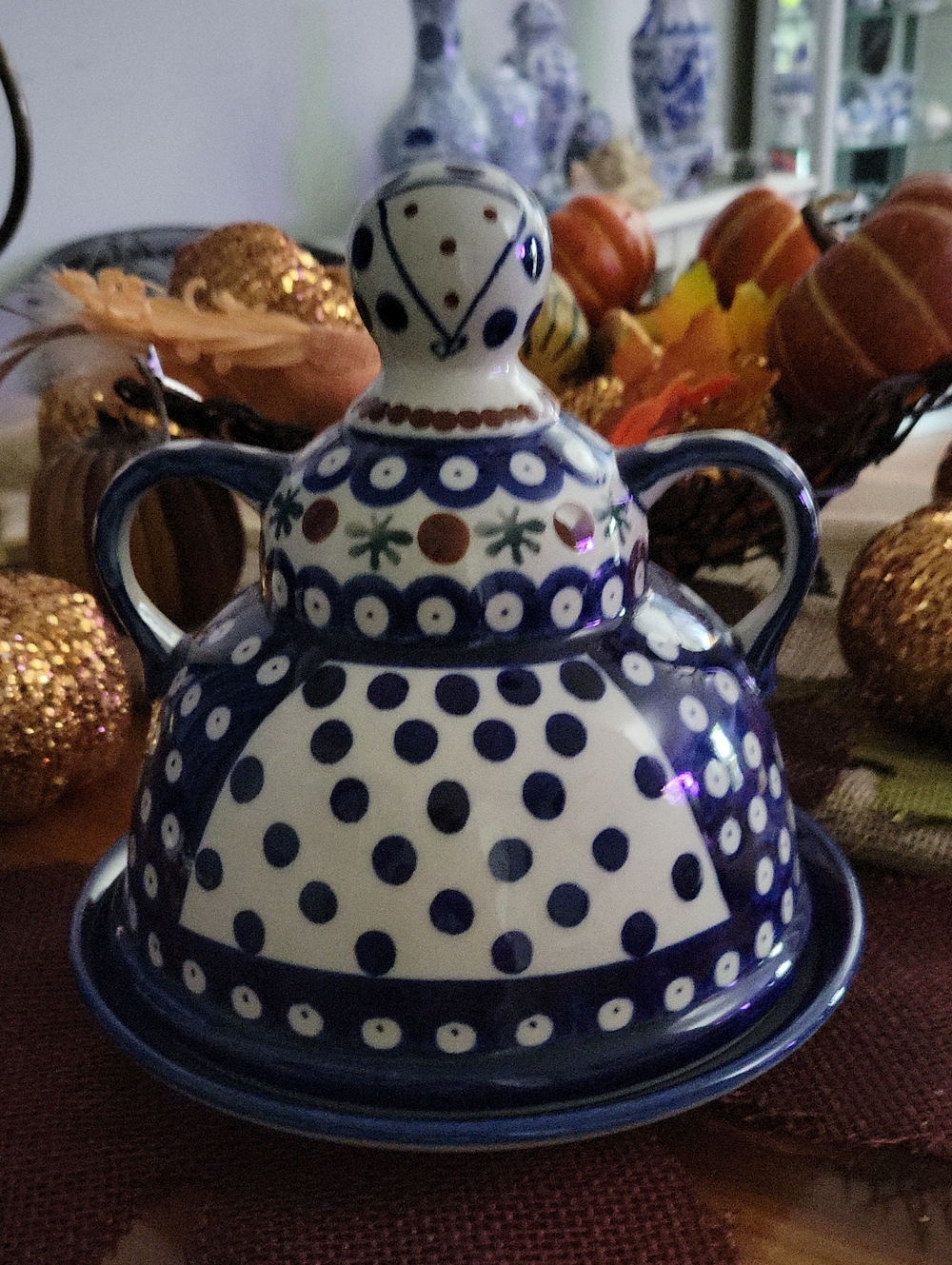 Blue Rose Polish Pottery Flowering Peacock Cheese Lady